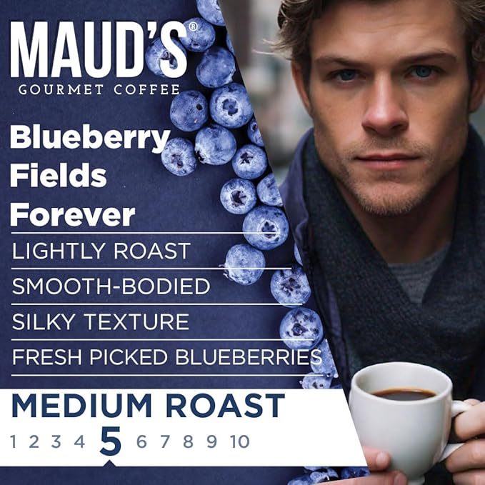 Maud's Blueberry Flavored Coffee Pods, 50 ct, Medium Roast Flavored Coffee in Recyclable Single Serve Pods – 100% Arabica Beans, Compatible with Keurig K Cups Maker