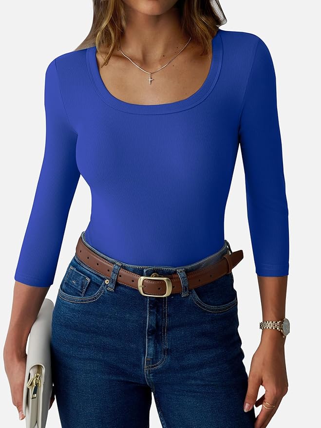 Womens 3/4 Sleeve Scoop Neck Top Ribbed Knit Slim Fitted Casual Basic Tee Shirts 2025 Fall Trendy Work T-Shirt Outfits