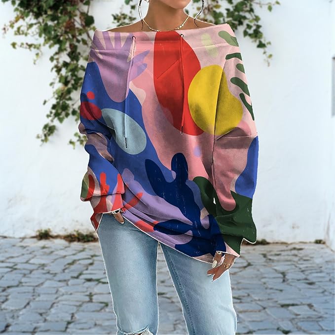 Womens Sweatshirts Floral Print Sexy Off The Shoulder T Shirts Oversized Long Sleeve Pullover Fall Tops