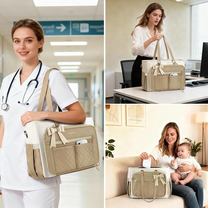 Teacher Tote Bag for Women,Multi-Pocket Laptop & Nurse Work Bag with Cup Holder,Structured Business Briefcase Computer Purse