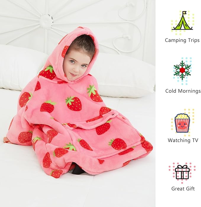 KFUBUO Wearable Blanket Hoodie for Kids Toddlers Sherpa Blanket Sweatshirt With Pocket Cute Hoodies 2-6 Year Old Girl Birthday Gifts Strawberry