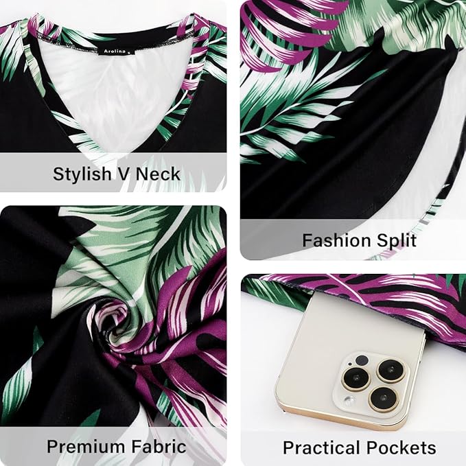 Arolina Women's Summer Maxi Dress Short Sleeve V Neck Casual Loose Long Beach Split Dresses with Pockets