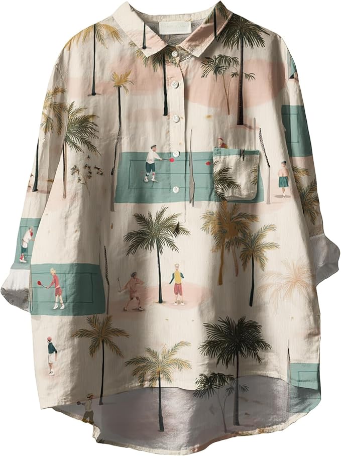 Womens Boho Tops 3/4 Long Sleeve Floral Blouses Hawaii Beach Button Down Shirts V Neck Pullover Casual Tunics