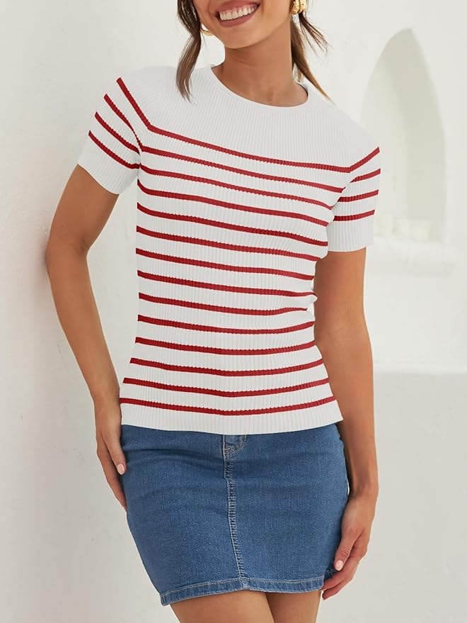 ZESICA Women's Short Sleeve Crewneck Striped T Shirt 2026 Summer Ribbed Knit Slim Fit Casual Basic Tee Tops