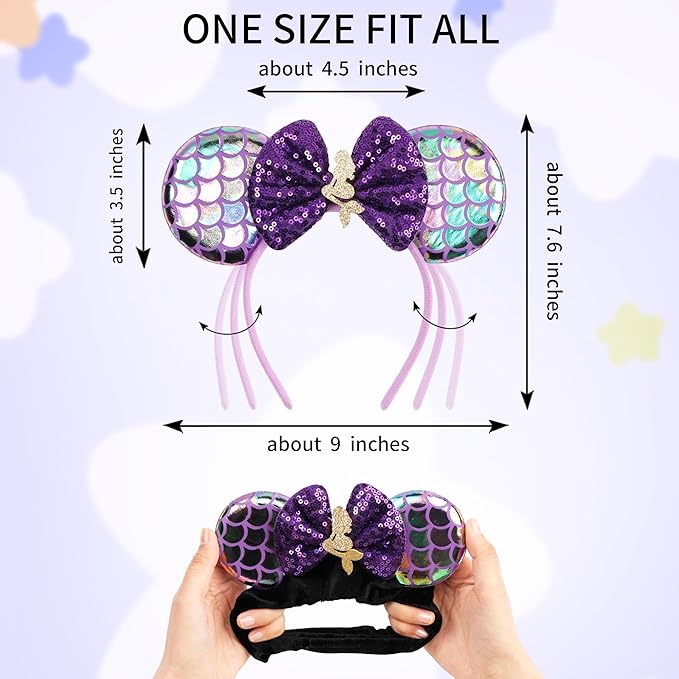 zhezesmila 4 Set Mermaid Mouse Ears Headband and Scrunchies Sequin Headband with Velvet Ears Scrunchies Hair Accessory for Women Birthday Party