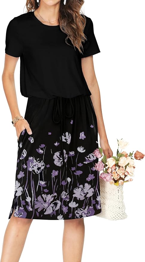 Simier Fariry Womens Spring Hide Belly Knee Length Travel Dress Pocket Summer Short Sleeve Midi Work Casual Outfits