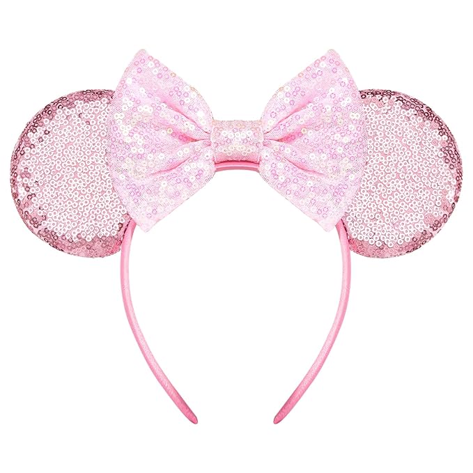 HAMUTH Pink Bow Mouse Ears,Mouse Ears Headband Hairs Accessories for Women Girls,Bow Birthday Decorations for Party Trip Parks Cosplay Accessories