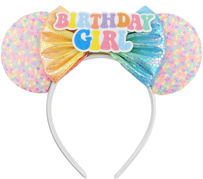 LIHELEI Mouse Ears Headband, Princess Pink Headbands for Women Birthday Party, Sequin Bows Headwear Hair Accessories- Birthday Headband