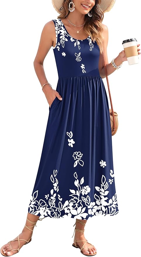 WNEEDU Women's Summer Maxi Dress 2026 Casual Sleeveless Hawaiian Sundress Tropical Long Dress Beach Vacation Outfit