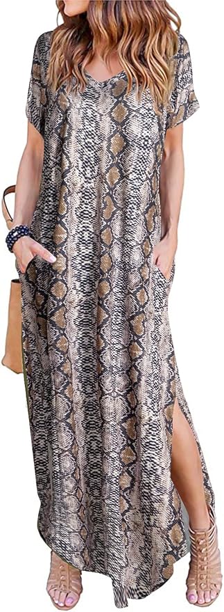 Arolina Women's Summer Maxi Dress Short Sleeve V Neck Casual Loose Long Beach Split Dresses with Pockets