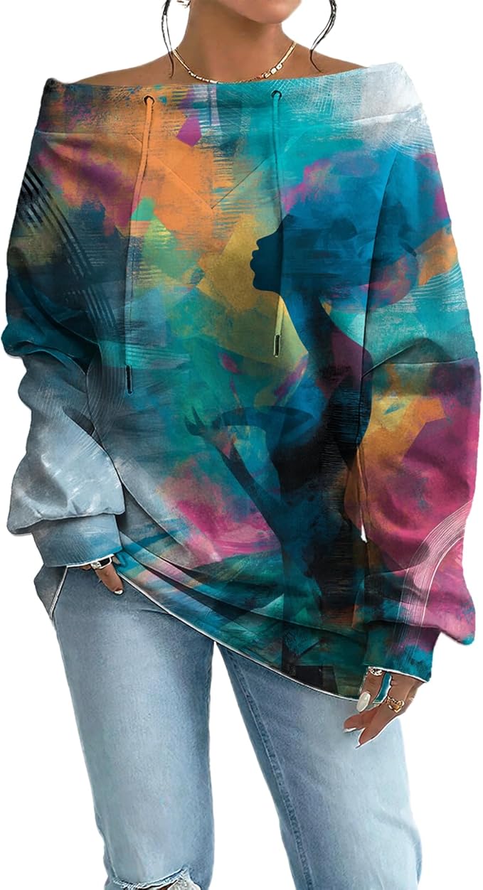 Womens Sweatshirts Floral Print Sexy Off The Shoulder T Shirts Oversized Long Sleeve Pullover Fall Tops