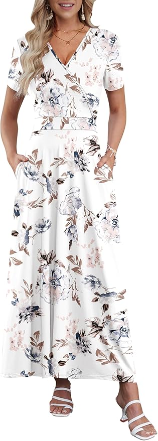 AUSELILY Maxi Dresses for Women Ankle Length Floral Print Beach Long Flowy Dress with Pockets