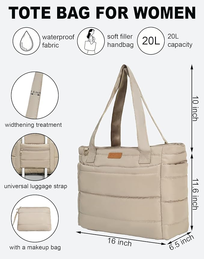 Quilted Puffer Tote Bag for Women, Waterproof Lightweight Work Bag for Nurse/Commuter with 16" Laptop Pocket | Puffer Tote Bag