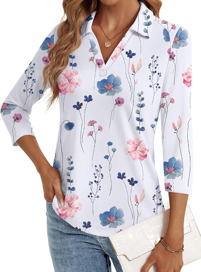 3/4 Length Sleeve Womens Tops Dressy Casual V Neck Polo Shirts Business Work Blouses 2025 Trendy Tunic Top