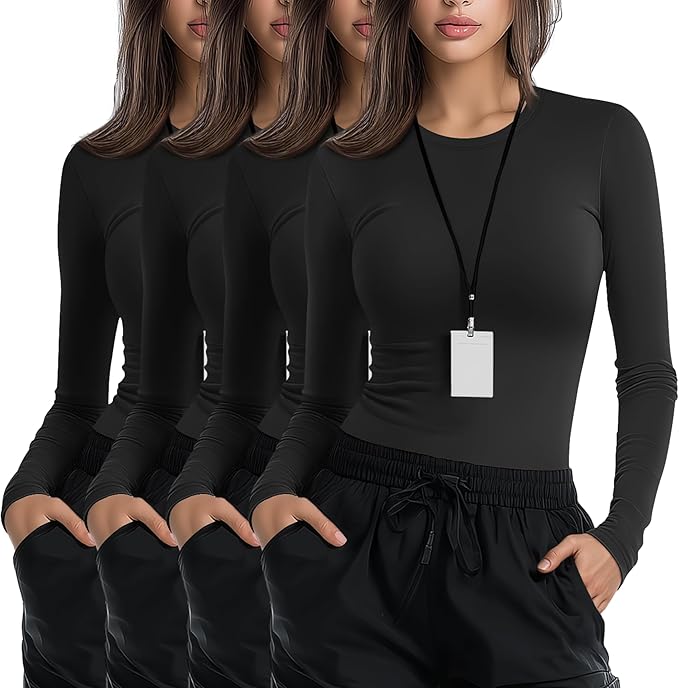 4 Pack Women's Underscrub Shirts Nurse Undershirts Long Sleeve Crewneck Slim Fit Tops Soft Stretchy Basic Tee