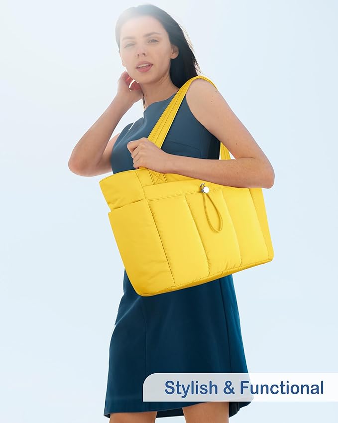 TOPDesign Puffy Tote Bag for Women with Cup Holder & Laptop Compartment & Cosmetic Bag & Trolley Sleeve for Work, Travel