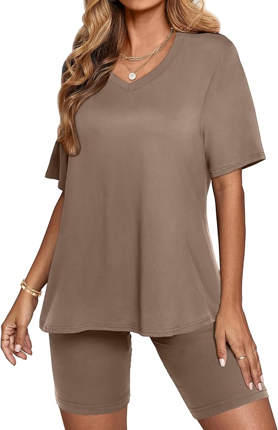 AGSEEM Two Piece Outfits For Women Summer V Neck T-Shirt Tops Biker Shorts Workout Sports Tracksuit