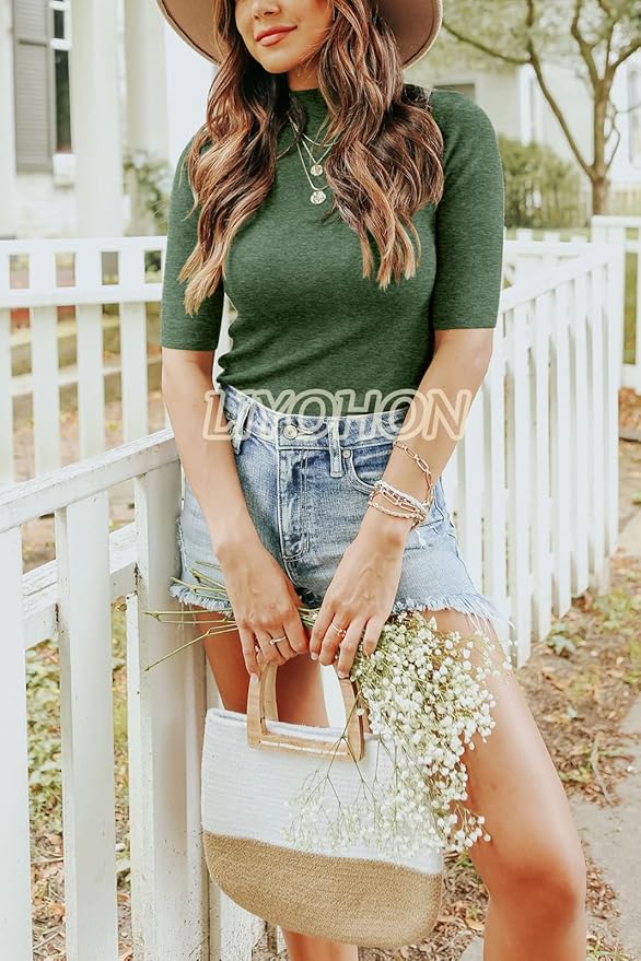 LIYOHON Womens Tops Dressy Casual Mock Turtleneck Business Short Sleeve T Shirts Going Out Tops 2026