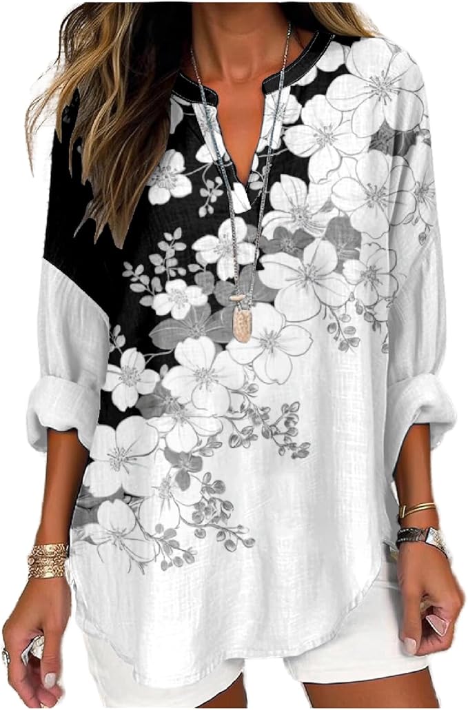 MARSVOVO V Neck Shirt For Women Boho Multi Style Blouse Long Sleeve Novelty Graphic Plus Size Pullover Tops For Women