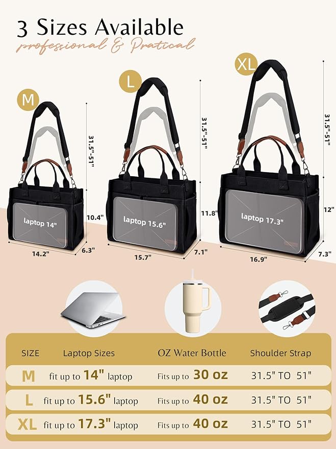 BESBESME Canvas Tote Bag for Women with Zipper & Compartments– Large Work & College Laptop Tote Crossbody Shoulder Bag
