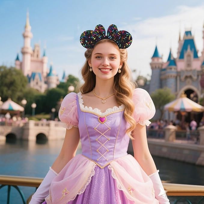 WW-WONDERFULWORLD Black Mouse Ears Headband with Rainbow Sequin, for Cartoon Princess Costume Cosplay Accessory, Glitter Christmas Party; H-XT