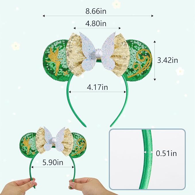 HAMUTH Mouse Ears,Birthday Decorations Headband for Women Girls Kids,Green Headband Hairs Accessories for Party Trip Parks Cosplay Costume Accessories