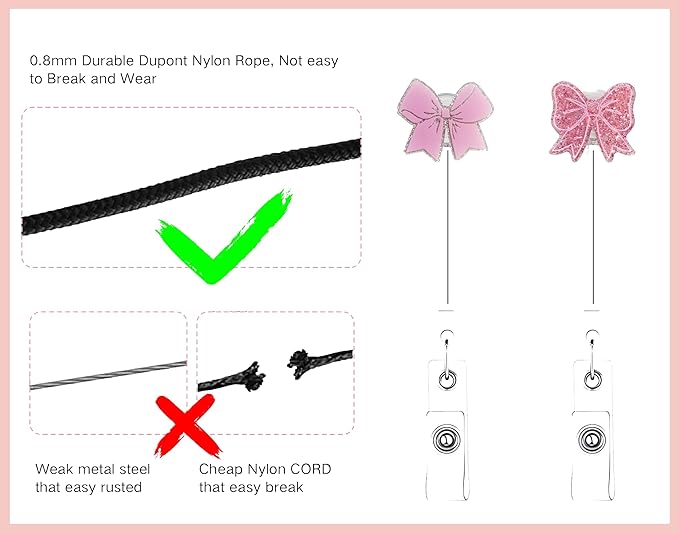 2Pcs Pink Bow Badge Reel for ID Card Badge,Retractable Badge Holder Alligator Clip Accessories for Nurse,RN LPN CNA MA Medical Worker Accessories,Nursing Student,Teacher