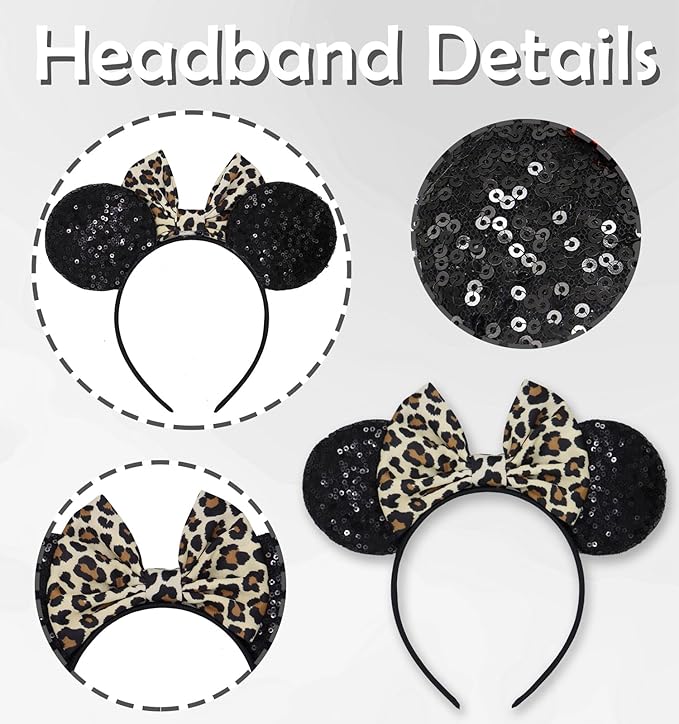 LIHELEI Mouse Ears Headband with Leopard Bows, Animal Kingdom Headbands for Halloween Costume, Party Headwear Hair Accessories for Women - Black Leopard Print