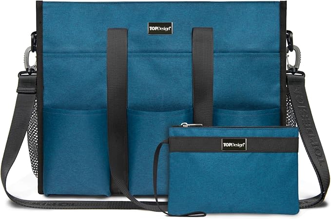 TOPDesign Utility Water Resistant Tote Bag with 22 Pockets, Top Zipper Closure & Thick Bottom Support, for Working Women