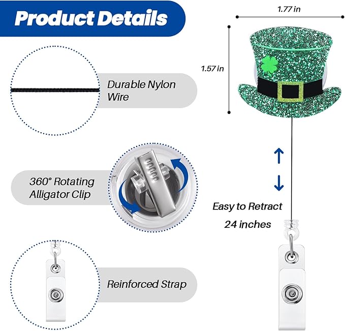 St. Patrick's Day Funny Badge Reel | Cute Retractable ID Card Green Top Hat Badge Holder | Name Tag Work Badge Clip for RN LPN CNA MA ER Night Shift Nurse Nursing Student Doctor Teacher | Acrylic