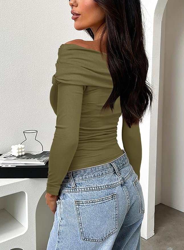 Darong Women's Off Shoulder Tops Y2K Shirt Slim Fit Ruched Crop Top Long Sleeves Spring Fall Blouse Going Out Shirt