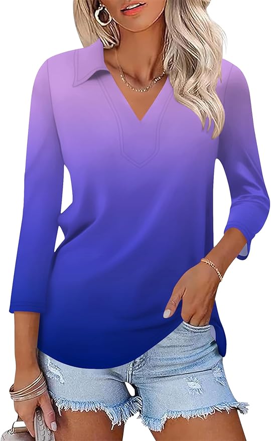 LOMON 3/4 Length Sleeve Womens Tops 2026 Spring Summer Collared Polo Shirts V Neck Casual Basic Polos Tees Shirt