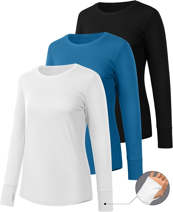 Huukeay 3 Pack Women's Long Sleeve Shirts with Thumb Holes, Cotton Casual Crew Neck Tunic Tops Fall Loose Y2k Trendy Outfits