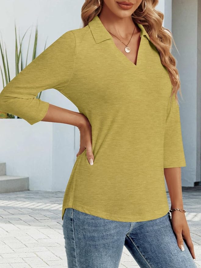 3/4 Length Sleeve Womens Tops Dressy Casual V Neck Polo Shirts Business Work Blouses 2025 Trendy Tunic Top