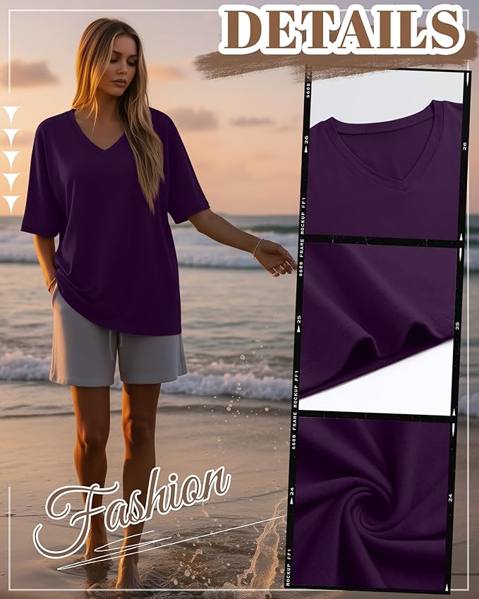 Huukeay Women's Cotton Oversized T Shirts 3 Pack V Neck Loose Fit Half Sleeve Tops Baggy Casual Summer Gym Workout Tees 2026