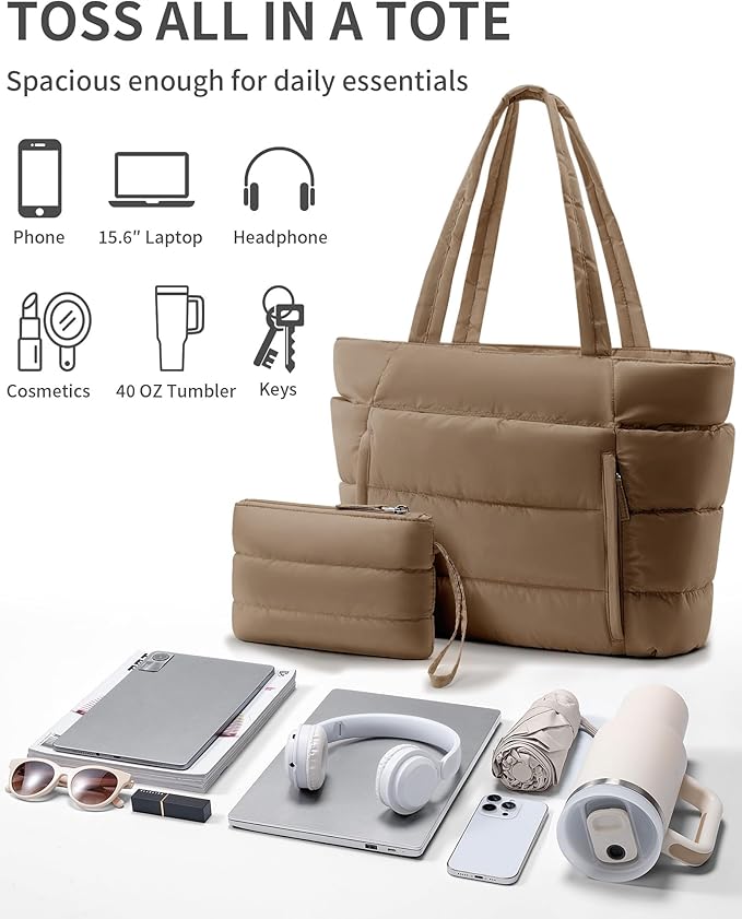 Puffer Tote Bag for Women, Lightweight Puffy Work Handbag Teacher Nurse Quilted Shoulder Bag for School Travel Gym | Quilted, with Zipper, Daily Carry On Bags, Comfy College Bags, 15.6" Laptop Sleeve, Cup Holder Pocket, Portable, Spacious