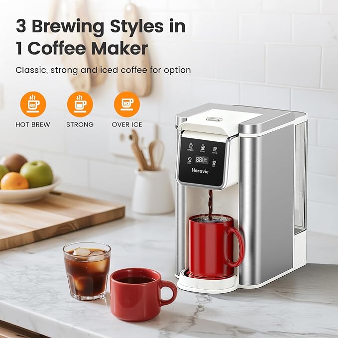 Horavie Single Serve Coffee Maker for K-Cup Pod and Grounds, Hot and Iced Coffee Maker, Strong Button Feature, 6 to 14oz Brew Sizes, 50oz Removable Reservoir, Fit 6.5" Mugs, Stainless Steel, White