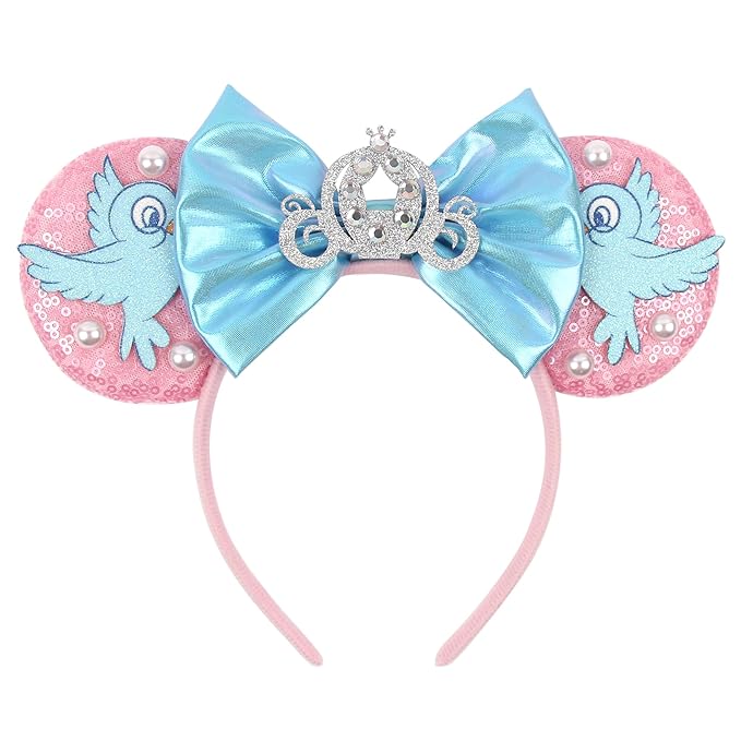 zhezesmila Mouse Ears Headband Lark Birds Ears with Sparkly Bow Princess Crown Head Bands for Women Hairs Accessories for Birthday Party Theme Park