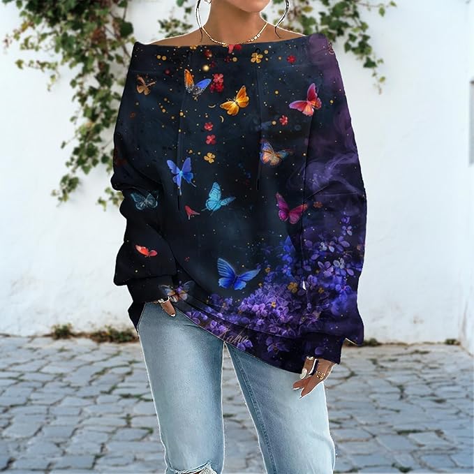 Womens Sweatshirts Floral Print Sexy Off The Shoulder T Shirts Oversized Long Sleeve Pullover Fall Tops