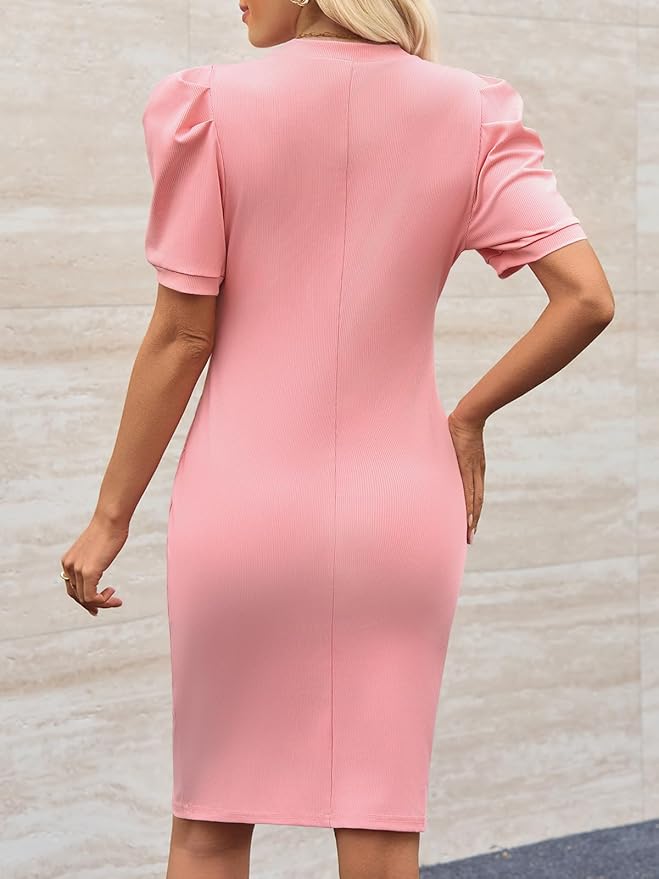 Cicy Bell Women's Puff Sleeve Bodycon Work Dresses Crew Neck Business Casual Office Pencil Dress