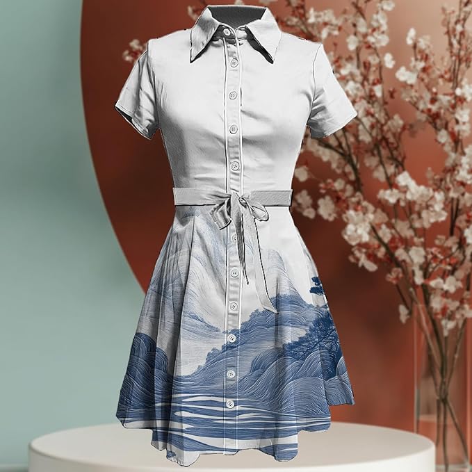 MARSVOVO Japanese Art Shirt Dresses for Women Short Sleeve Ruffle Button Down Tie Waist Trendy Elegant Midi Dress