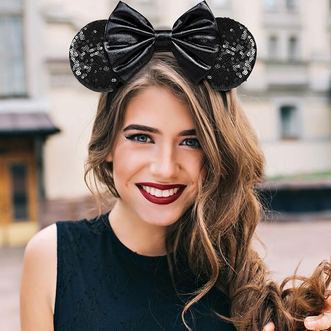 HAMUTH Mouse Ears Headband,Black Leather Ears for Women Girls Boys,Mouse Ears with Bow Hairs Accessories for Party Trip Parks CospLay Decorations