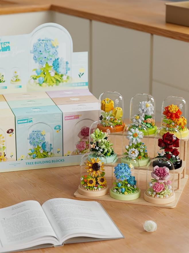 9 Set Secret Mini Flower Building Toy Bouquets with Dust Cover Set Creative Assembly Bonsai Tree Ideal for Home Decor Collection Toys