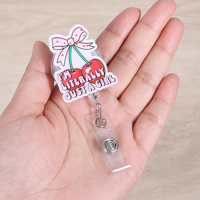 I'm Literally Just A Girl Cherry Bow Funny Nurse Badge Reel, Cute Pink Fruit Heart Retractable ID Card Pediatric Badge Holder, Name Tag Badge Buddy for RN CNA MA Nursing Student Medical Social Workers