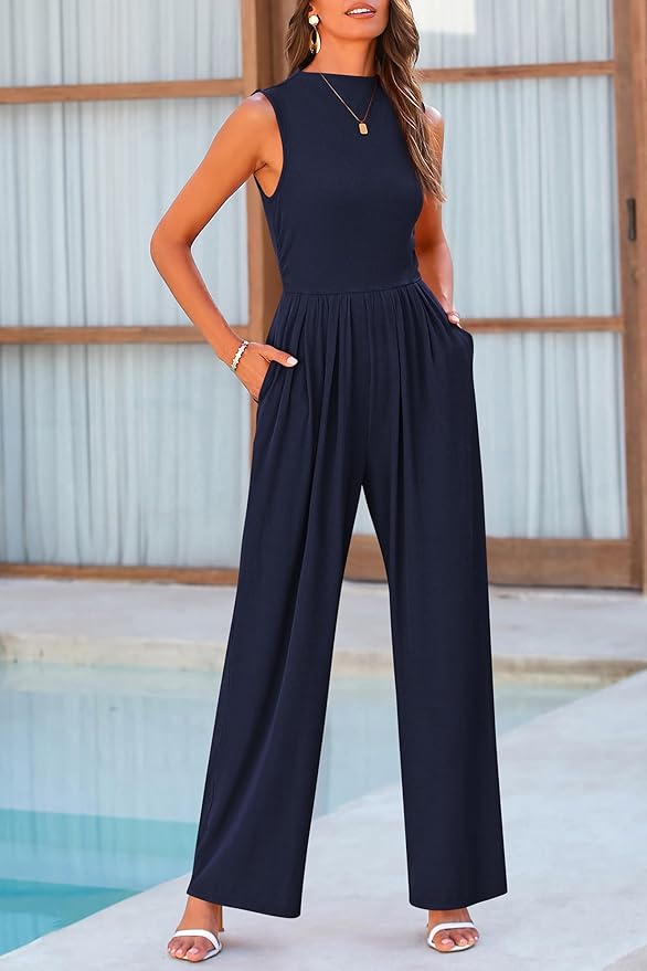 PRETTYGARDEN Womens Summer Jumpsuits Dressy Casual One Piece Outfits Sleeveless Mock Neck Wide Leg Pants Rompers with Pockets