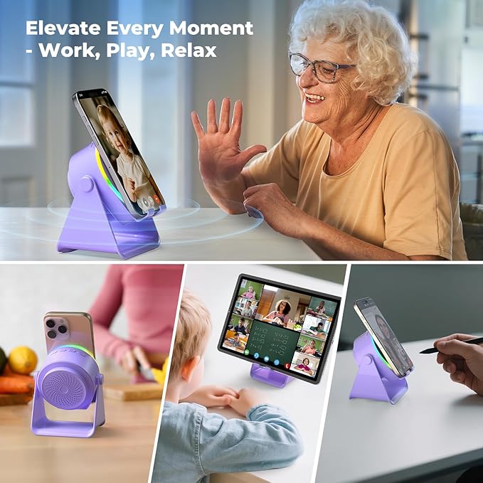 Wireless Induction Speaker, 4 in1 Phone Stand Bluetooth Speaker Amplifier with Colorful Ambient Light 360° Rotation Holder for Tablet iPhone Android,Portable Gifts for Adults Teens (Purple)