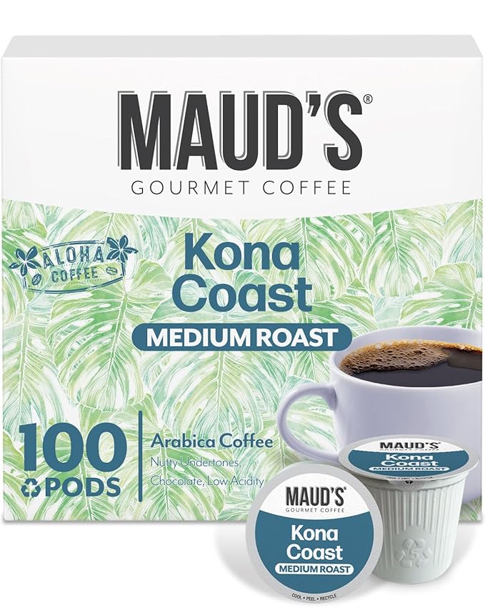 Maud's Kona Coffee Pods, 100 ct, Medium Roast Coffee in Recyclable Single Serve Pods – 100% Arabica Coffee, Compatible with Keurig K Cups Maker