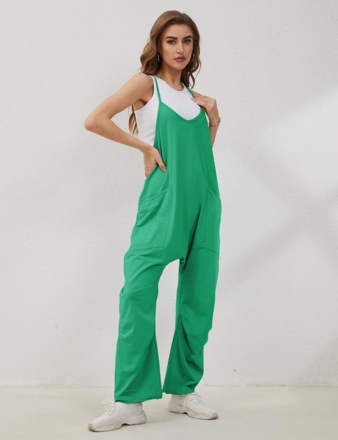 Lentta Women's Causal Jumpsuits V Neck Sleeveless Harem Overalls Stretchy Adjustable Strap Romper with Pockets