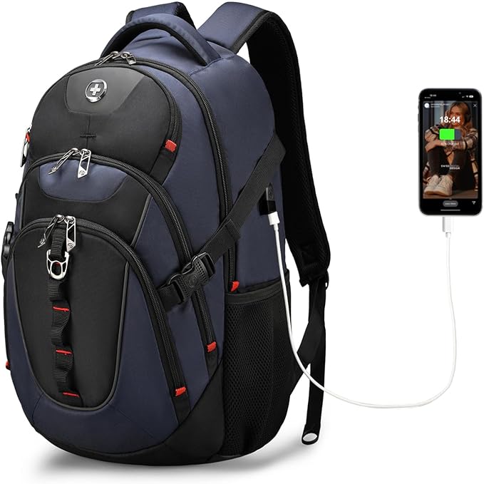 Swissdigital Design Laptop Backpack with USB Charging Port, Travel Backpack Fits 15.6 inches Computer, 31L College School Backpack for Men, Blue/Black | SD803-12 | Water Repellent