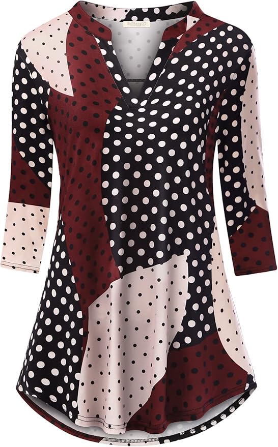 BAISHENGGT 3/4 Sleeve Tops for Women Notch V Neck Floral Work Blouses Dressy Casual Loose Fit Going Out Tunic Tops